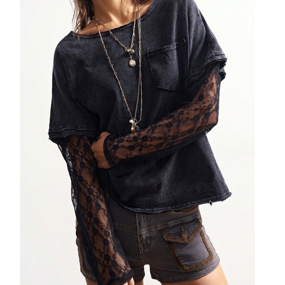 Women's Black Lace-Sleeve Long Sleeve Tee - Picture 4 of 6